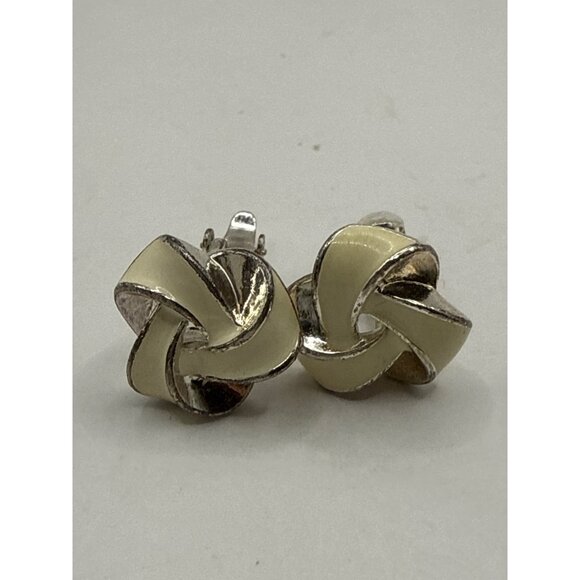 Vintage Monet Knot Clip-On Earrings Silver Tone & Cream Enamel - Picture 1 of 5